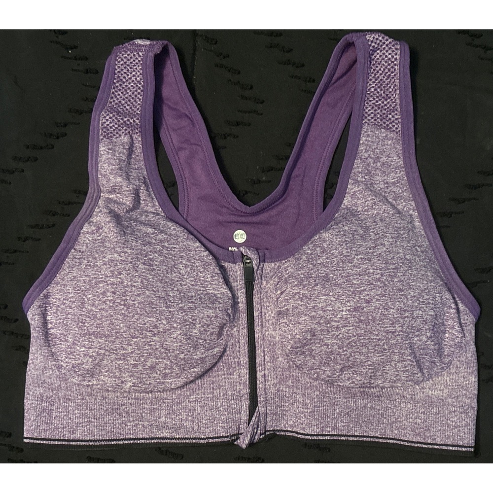 Heather Purple Lightly Padded‎ Seamless Front Zip Sports Bra, Size L/XL